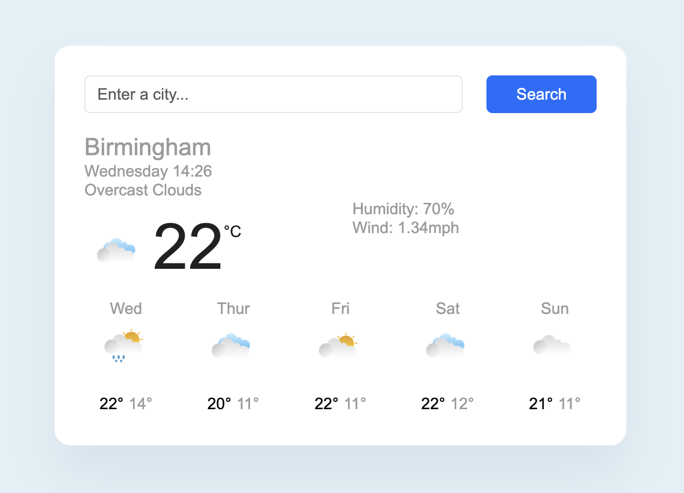 a preview of the weather app built with react.js